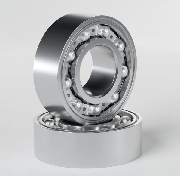 Chrome steel ball bearings with open raceway displayed on white background.