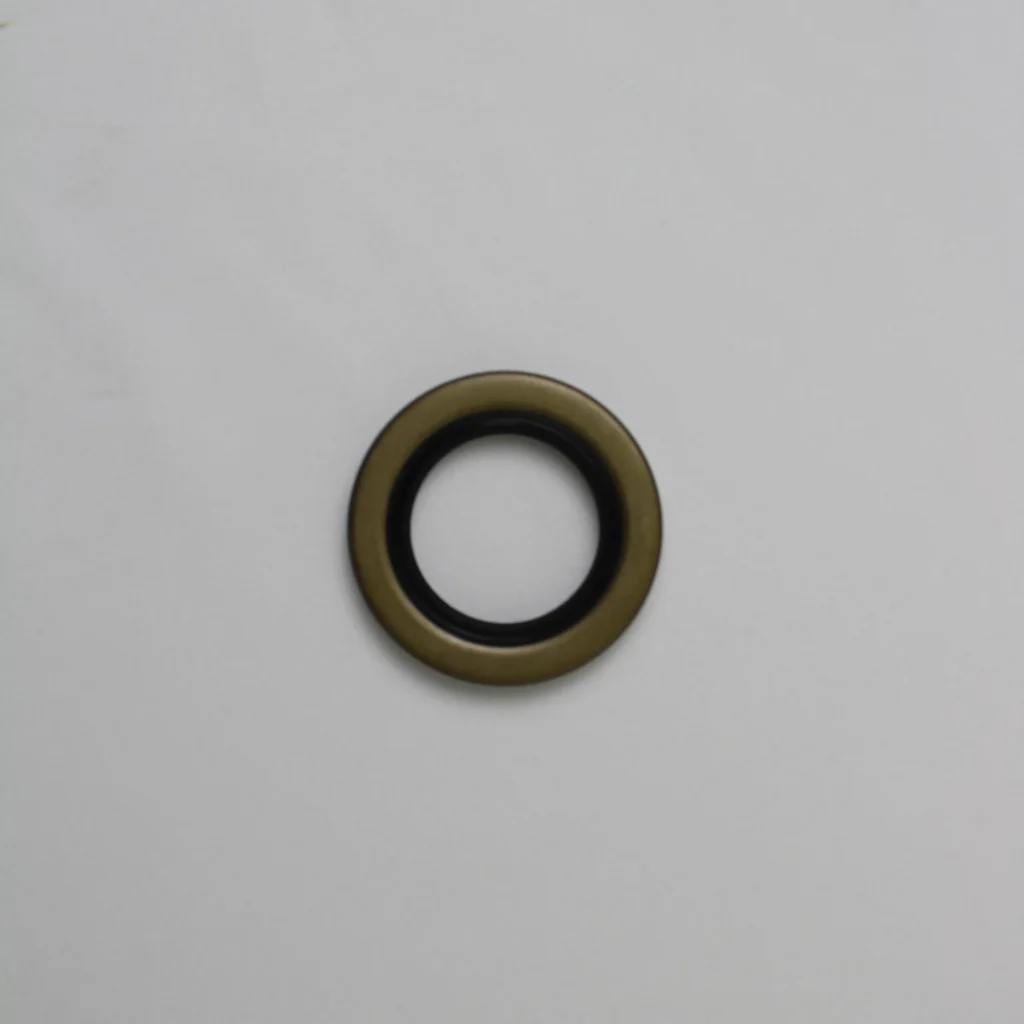 Round metal and rubber oil seal placed on a white background.