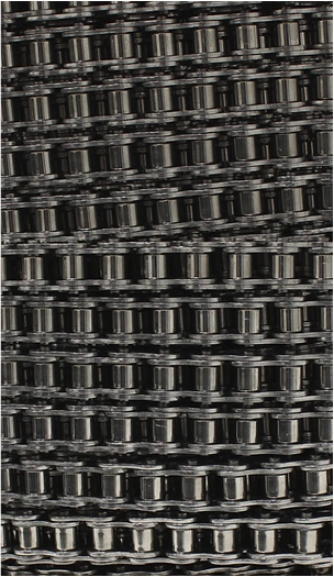 Detailed close-up view of stacked black industrial roller chains showing metal links and rollers