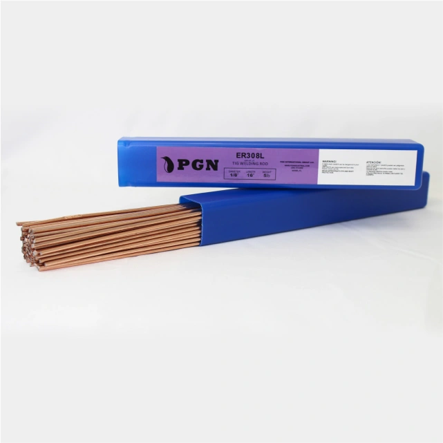 TIG welding rods in a blue PGN box, displayed partially opened.