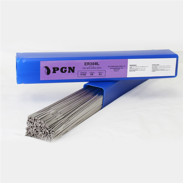PGN ER308L TIG welding rods in a blue box with stainless steel filler rods partially exposed.