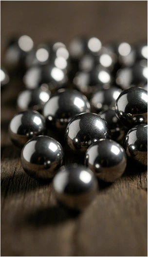 Carbon steel balls scattered on a wooden surface.