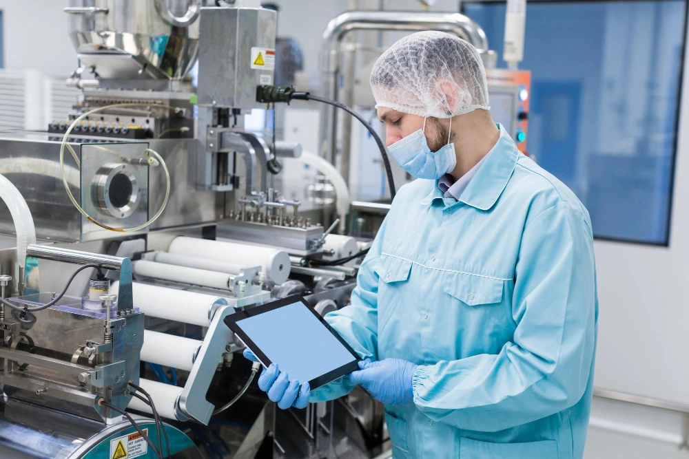 Laboratory technician wearing protective clothing and using a tablet while inspecting industrial medical equipment.