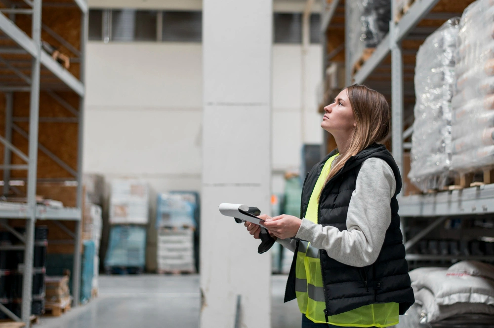 Warehouse worker scanning inventory with a handheld barcode device.