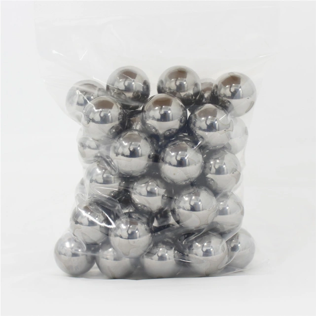 Bag of polished stainless steel balls packaged in a clear plastic bag.